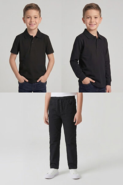 nacar çarşı Boys' School Black Long and Short Sleeve Polo Collar T-Shirt Blac...