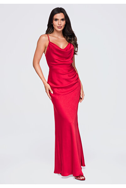 Larica Damen Satin-Maxikleid mit Drapierter Ausschnittpartie und Schnürung am...
