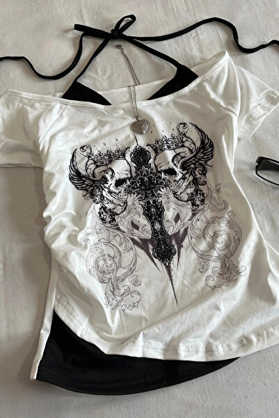 Beyaz Gotik Aesthetic Skulls Cross Ekli Bağlamalı Y2K Kısa Kollu Crop