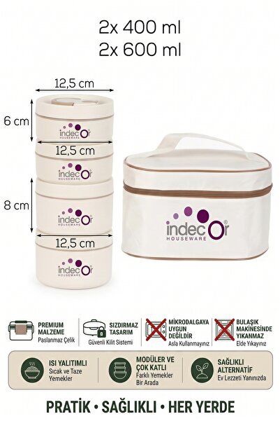 İndecor Houseware Isı Yalıtımlı Çantalı 4 Parça Vakumlu Lunch Box Yemek Termosu Beslenme Kutusu Sefer Tası