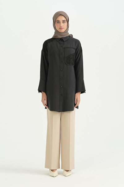 Nihan Guipure Detailed Lyocell Tunic - Black