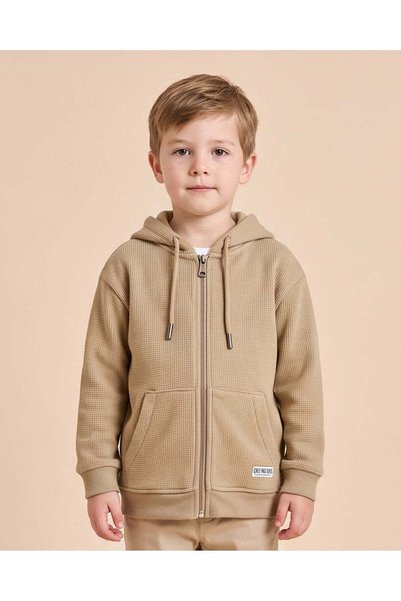 REDTAG Boys Beige Zip Up Hooded Sweatshirt