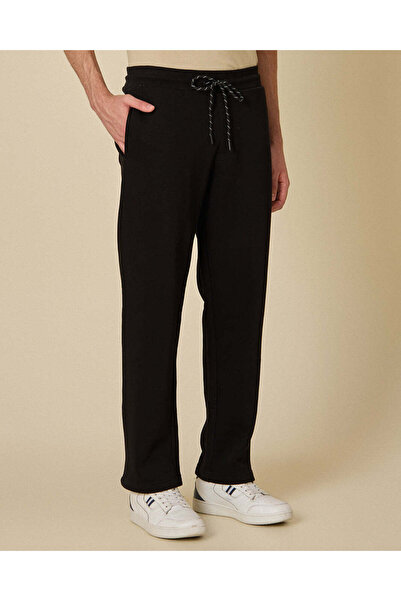 REDTAG Men Black Fleece Wide Bottom Track Pants