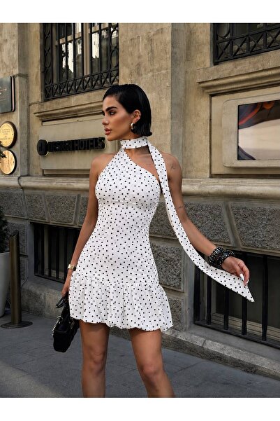 zzmmbutik Puantiyeli Fular Detaylı Mini Elbise