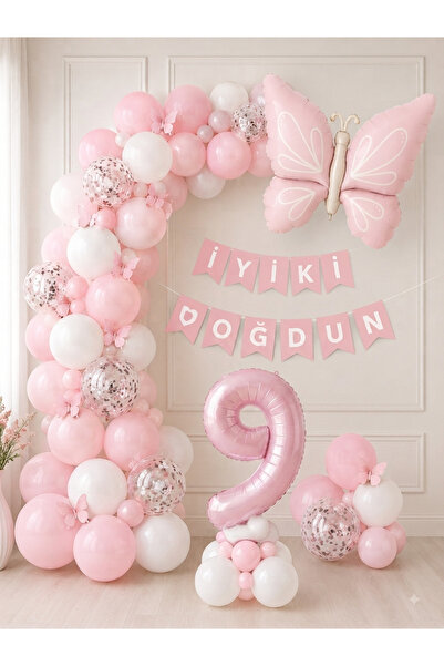 ALYA PARTİ 9 Yaş Kız Bebek Doğum Günü Balon Seti – Pembe Kelebek Konseptli Pa...