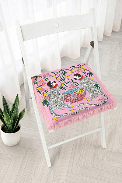 Realhomes Leopard and Lemon Branch Figured Fringed Zippered Chair Cushion - T...
