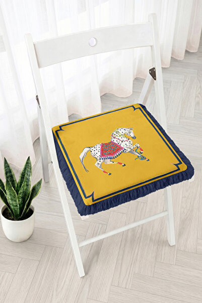 Realhomes Fringed Zippered Chair Cushion with Spotted Running Horse Figure - ...