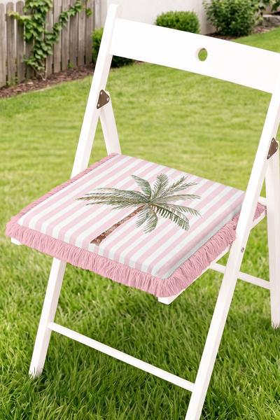 Realhomes Palm Tree Figured Striped Fringed Zippered Chair Cushion - Tufted P...