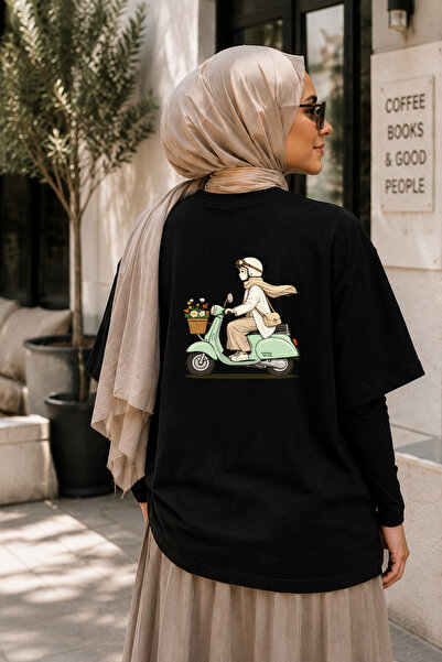 BAGAND Tricou oversize cu imprimeu pentru fete în hijab cu scuter premium, tr...