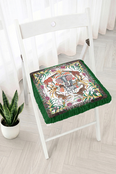Realhomes Tropical Leaf Patterned Fringed Zippered Chair Cushion with Elephan...