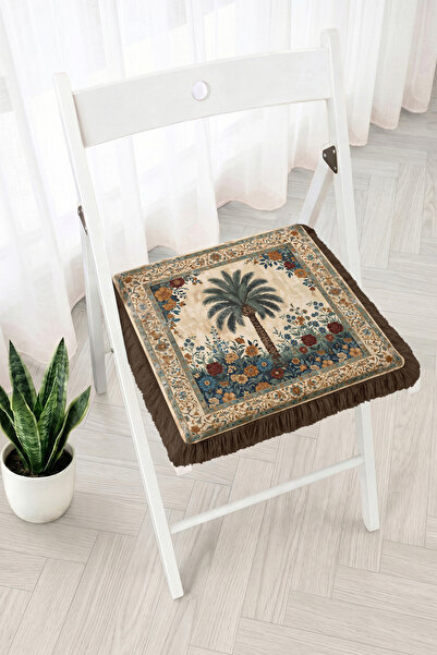 Realhomes Fringed Zippered Chair Cushion with Palm Tree and Flower Motifs - V...