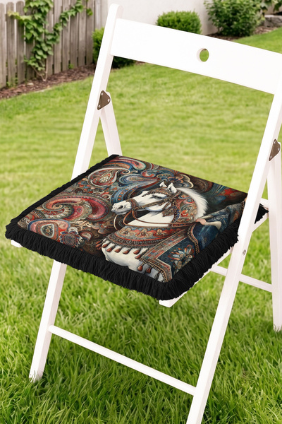 Realhomes Paisley Patterned Horse Figured Fringed Zippered Chair Cushion - Vi...