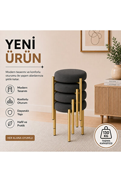 EVDERA MOBİLYA CEMRE 3LÜ PUF TABURE BENCH MAKYAJ SANDALYESİ GOLD AYAK