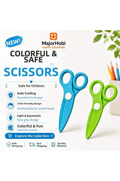 Major Hobi Children's Paper Scissors Set of 2 – Colored Scissors with Safe Ti...