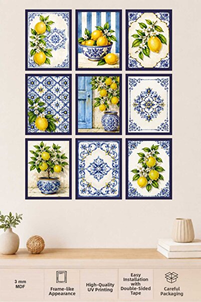 UNT 9 Piece Mediterranean Lemon Patterned Mdf Painting Set – Blue and White C...
