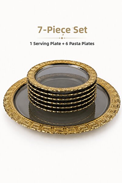Sudedi Home 7 Piece Smoked Glass Cake Plate Presentation Tray Set with Gold P...