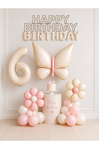 Balonsan Retro Cream Butterfly and Daisy -6- Numbered Happy Birthday Balloon Set