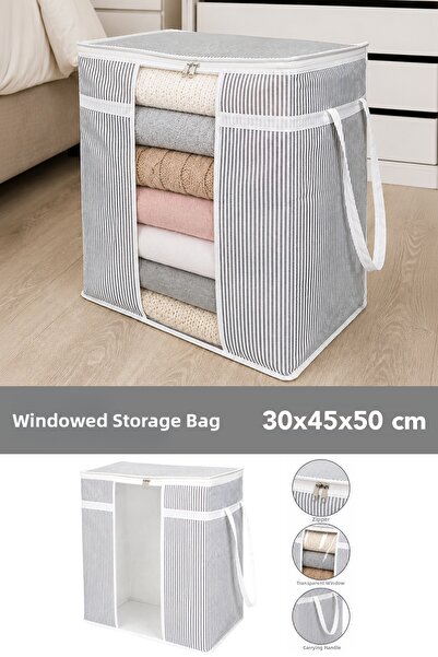 Meleni Home Storage Bag with Window - Striped Clothing Organizing Pillow Stor...