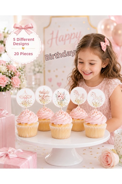 Sim Tasarım Party Carousel Unicorn Theme Girls' Birthday Toothpick Decoration...