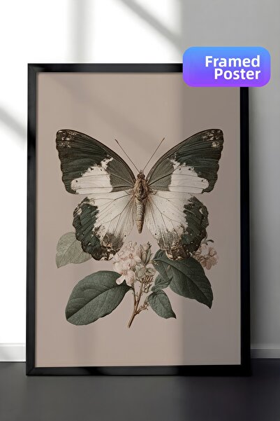 Zestia Pictură murală vintage, detaliu fluture și frunze, înrămată în negru N...