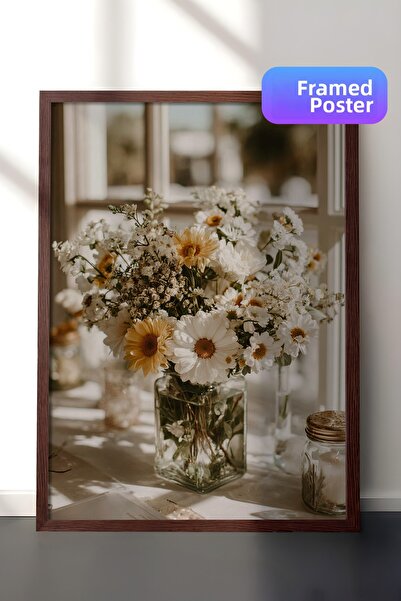 Zestia Vintage Wall Painting, Glass Vase with Daisies Brown Framed No: 20178