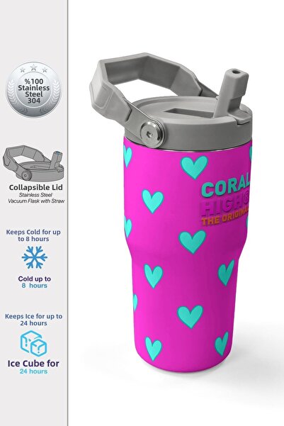 Coral High 600 ml Pink Water Green Heart Printed Girl's Water Bottle with Str...