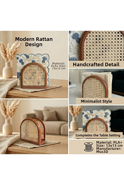 Mus3D Rattan Decorative Napkin Holder – Modern Desktop Napkin Stand with Ratt...