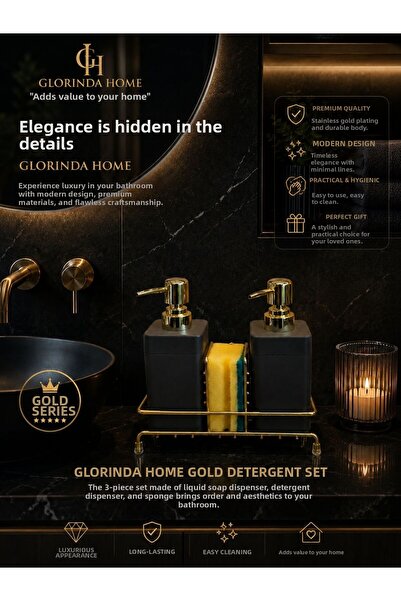 GLORİNDA HOME طقم فاخر من قطعتين باللون البني الذهبي مع حامل صابون وحامل منظف...