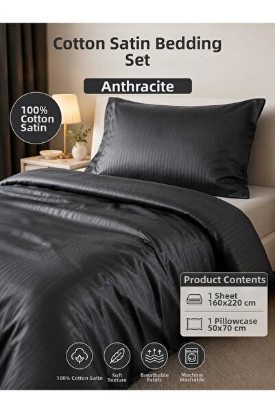 English Home Anthracite Cotton Satin Single Duvet Cover Set Soft Textured