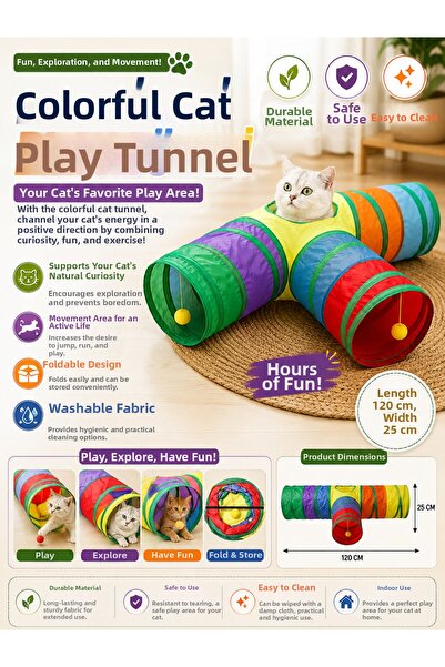 Ufak Tefek Şeyler Rainbow 3-Way Cat Play Tunnel T-Type Foldable Cat Activity ...