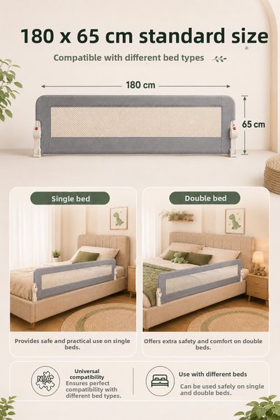 Babylike 180 cm Folding Bed Barrier Gray - Baby Child Safety Barrier, Anti-Fall Protective Barrier