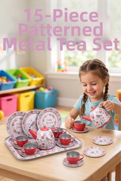 Tıfıl Toys 15 Piece Metal Tea Set with Floral Pattern for 4 People Educationa...