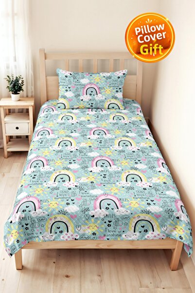 Evimde Bambaşka Rainbow Cloud Blue Girls' Pique Set-Pastel Cute Pink Baby Roo...