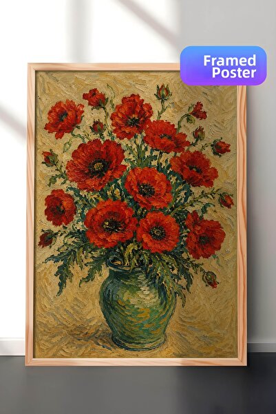 Zestia Pictură murală inspirată de Van Gogh cu vază cu maciști, efect de pict...