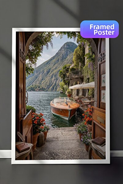 Postifull Poster cu lac și barcă, Poster cu ramă albă, Seria Old Money, NR:11...