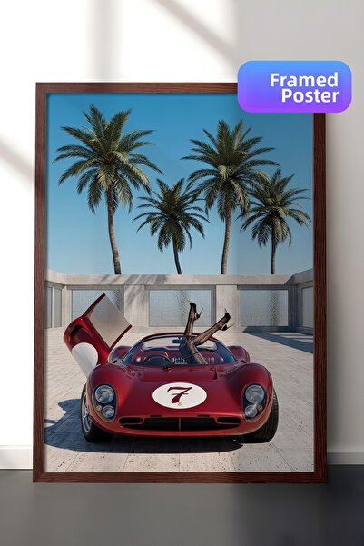 Postifull Red Car and Palm Trees Poster, Brown Framed Poster, Old Money Serie...