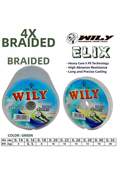 Wily Elix 4 Ply Fishing Line Green 100 Mt Continuous 0.16
