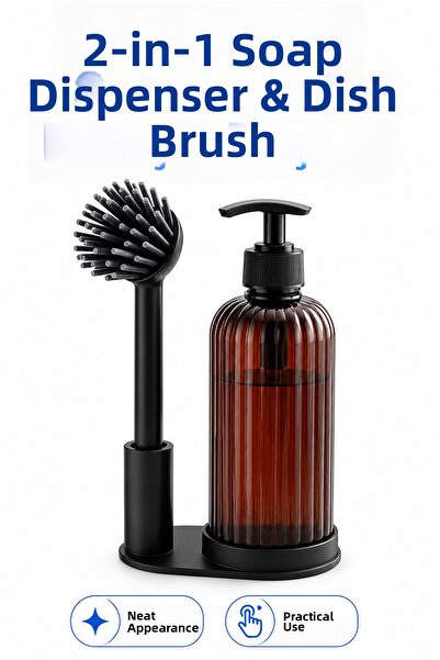 FLY LIFE Dish Brush Stand with Soap Dispenser - Brush Set with Detergent Bottle