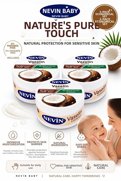 nevin مجموعة من 3 قطع من واقي البشرة الحساس المرطب من كوكو نوت بيبي فازلين