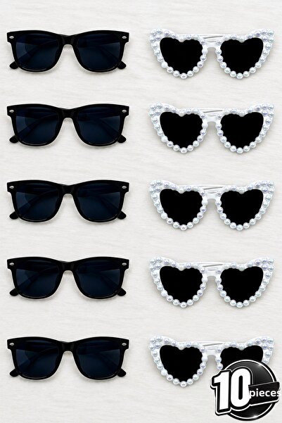 ZEYMERADE White Janjanli Pearl Hearted Bride and Groom Glasses, 10 Pieces Bri...