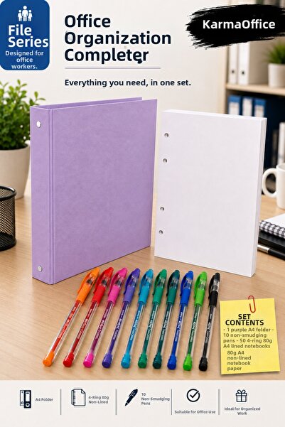 KarmaOfis A4 4-Ring Lilac Folder Set – 10 Color Ballpoint Pens and 50 Sheets ...