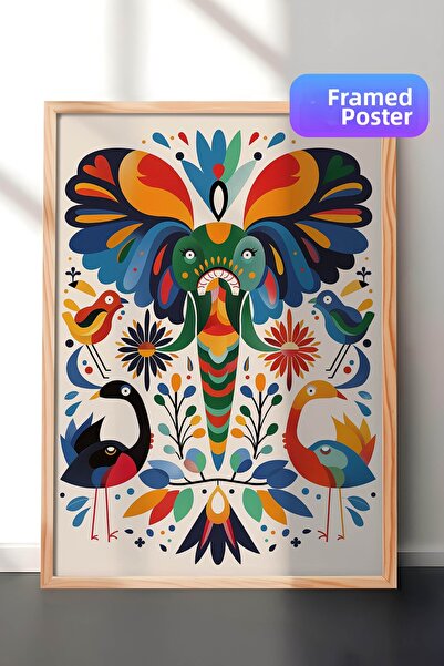 Zestia Pictură murală cu artă folclorică înrămată în lemn, motive colorate cu...