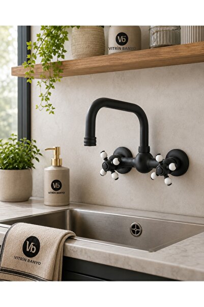 vb vitrinbanyo Koç Döner Kitchen Sink Faucet Black – Double Handle Classic Re...