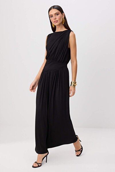 Trendyol Kollektion Schwarzes, ärmelloses Maxi-Abendkleid mit gerafftem Drapi...