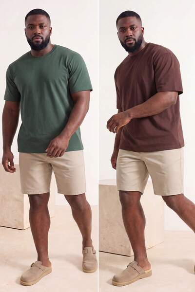Trendyol Kollektion Braun-grünes 2er-Pack T-Shirt in Übergröße mit regulärer ...