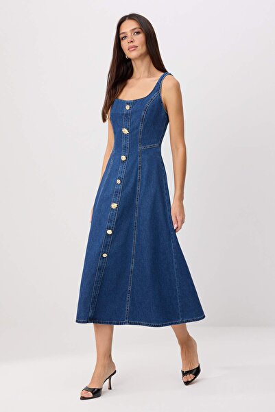 Trendyol Collection Rochie maxi din denim, albastru marin, cu nasturi și bret...