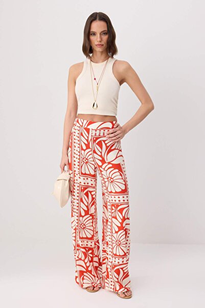 Trendyol Collection Red-Multicolor Patterned Viscose Relaxed Fit Elastic Wais...