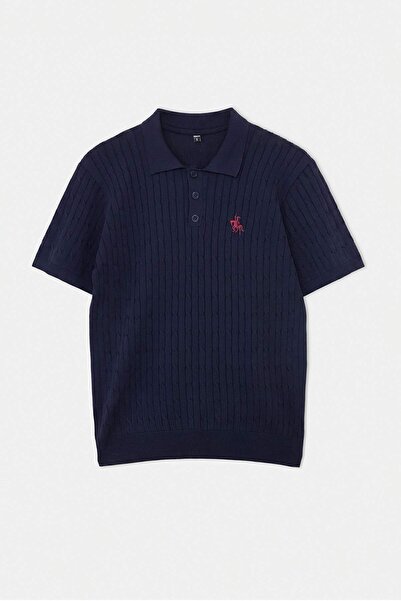 Trendyolmilla Man Lacivert Regular/Normal Kesim Nakışlı Dokulu Triko Polo Yaka T-shirt TMNAW27PO00004