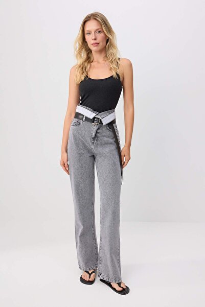 Trendyol Collection Black High Waist Wide Leg Jeans with Waist Detail Twoss26...