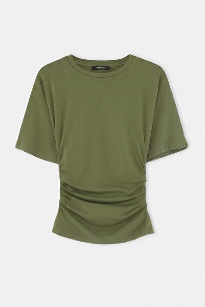 Trendyol Collection Khaki Fitted Crew Neck Short Drawstring Cotton Stretch Kn...